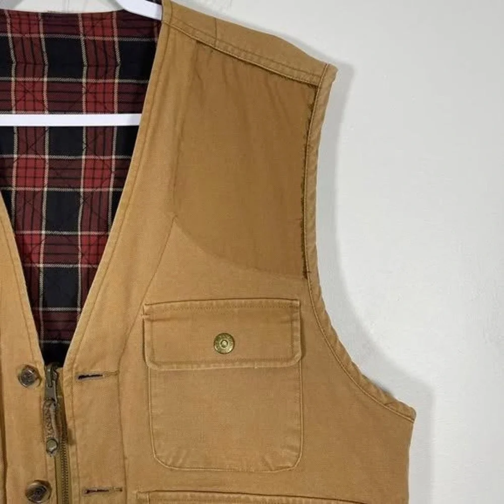 VTG Banana Republic Canvas Field Vest Men LG Hunting Utility Tan Plaid Lined USA